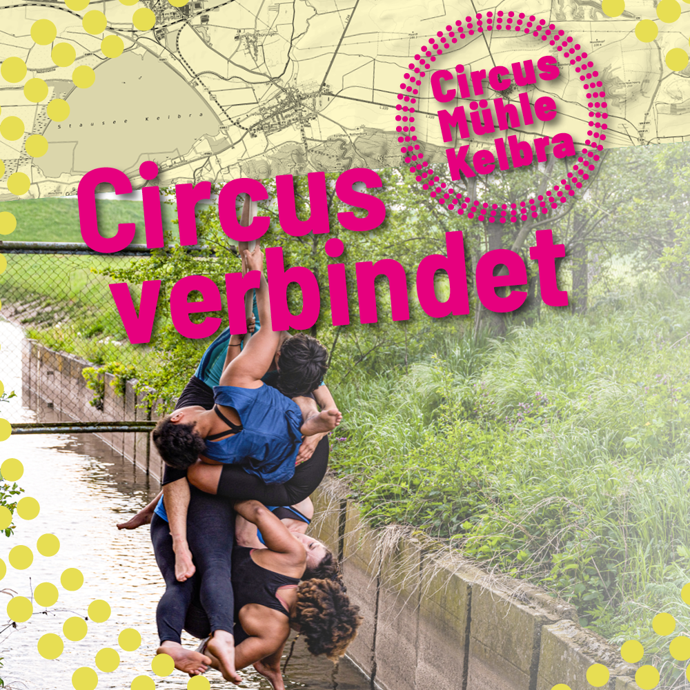 Visualisierung des Projekts »Circus verbindet«. Symbolbild für Circus wandern mit Landkarte und das Ensembel »Collectiv and then« gemeinsam hängend am Seil über einem Bach.